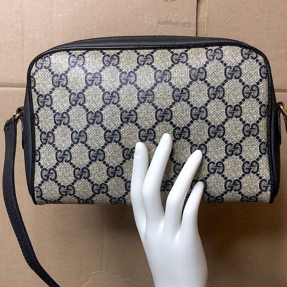 GUCCI GG Ophidia Sherry Line Navy Leather Grey Canvas Crossbody Bag Vintage - Picture 3 of 17